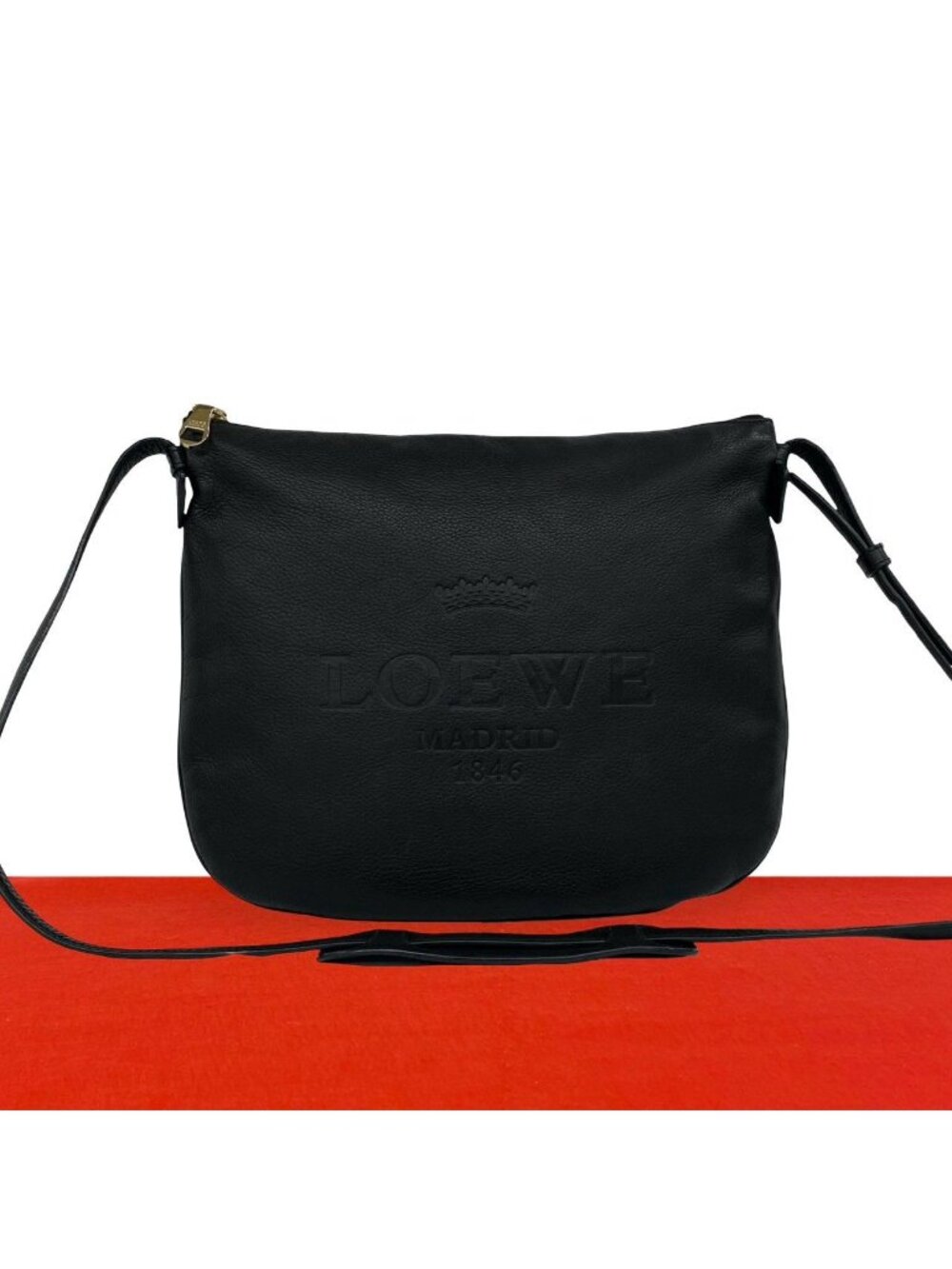 Loewe Heritage Logo Stamp Leather Shoulder Bag Crossbody Pochette Black